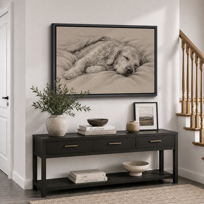 «Sleeping Golden Retriever», impression sur toile encadrée, impression sur toile, H 24 po x l 36 po x P 1,5 po, Cadre noir