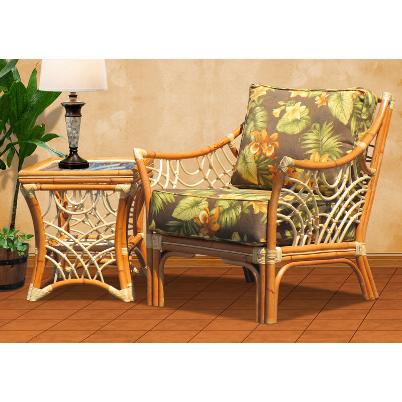 Rainey 32.5" Wide Armchair and Matching End Table, Natural, Clemens Sunblue Cotton
