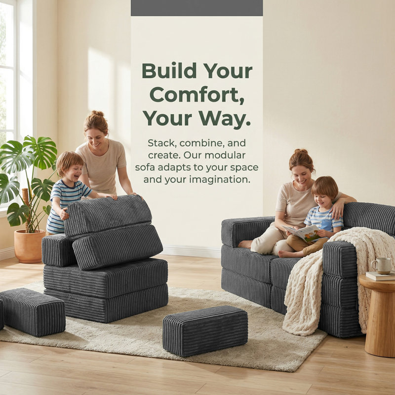 Sisler 141.6 Boneless Sectional Upholstered Corduroy Convertible Modular Sofa Living Room Sets, Gray Corduroy