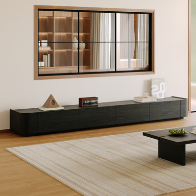 Meuble télé 94,5 po moderne en bois noir minimaliste, console multimédia longue avec profilés de rangement spacieux, centre de divertissement contemporain pour salon, appartement et chambre à coucher, convient aux téléviseurs de 75 po et plus