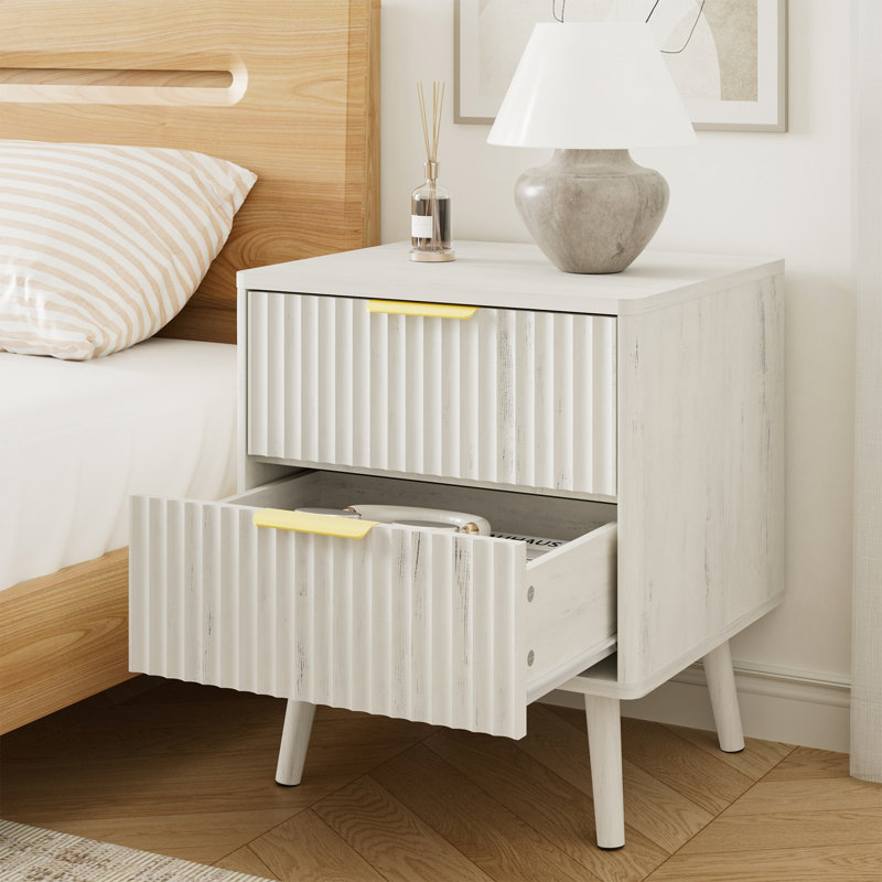 Fluted Nightstand With Curved Profile Design, 2-Drawer End Table, Bedside Table For Bedroom, Living Room, White