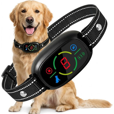 Dogs weighing 8-150lbs in small, medium, and large breeds can use this black rechargeable smart collar; it has 8 selectable sensitivity settings and 3 beep-and-vibration training modes.