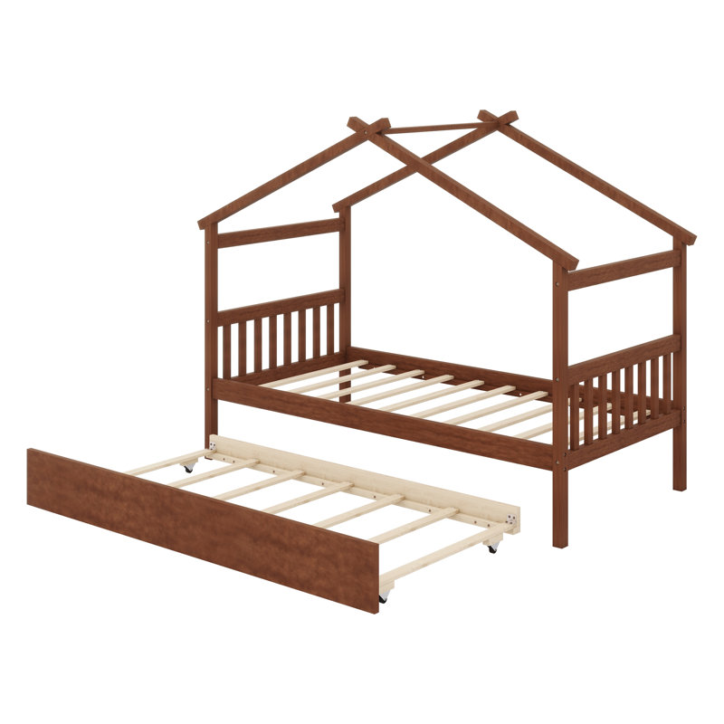 Lit en bois avec lit gigogne simple, Noyer, Lit simple