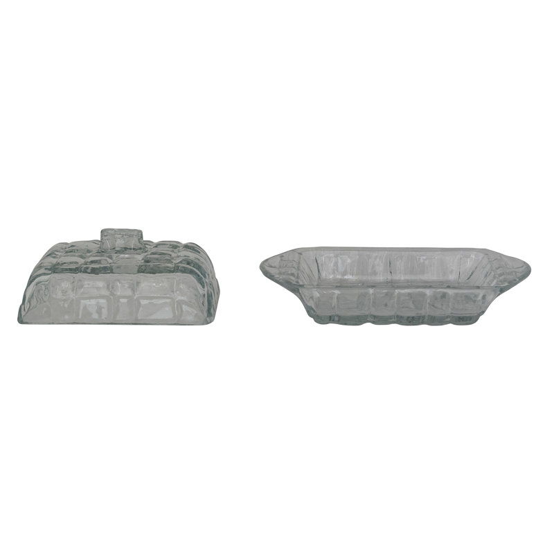Pressed Glass Butter Dish With Grid Pattern