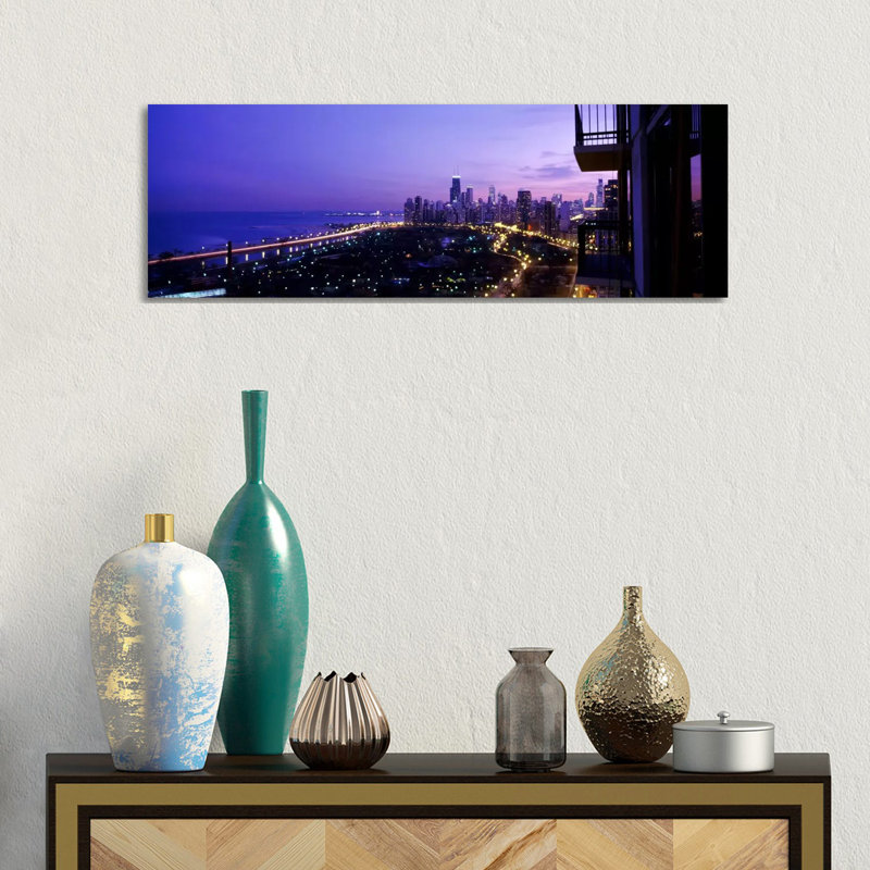 High Angle View of a City at Night, Lake Michigan, Chicago, Cook County, Illinois, USA 1 Piece Wrapped Canvas Panoramic Wall Art