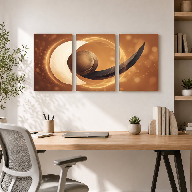 Abstract Bronze Sphere And White Crescent On Gold Background Set Of 3 Canvas Wall Art, H 18 po x l 12 po x 3 pièces