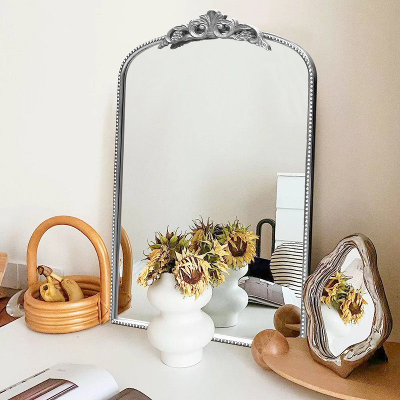 Vintage Metal Arch Decorative Wall Mirror, French Cleat Mounted Baroque Accent Mirror For Hanging Or Leaning, Silver
