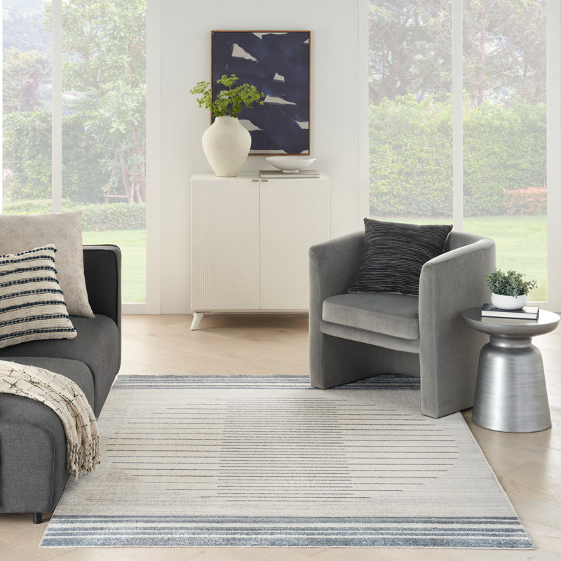 Atushi Machine Washable Geometric Navy Blue/White Area Rug, Rectangle 5'3" x 7'