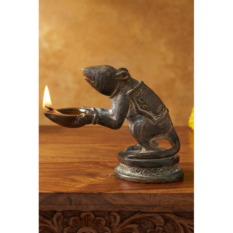 Handmade Brass Ganesha Lamp with Mouse Diya | 3-Wick Oil Lamp for Puja Room, Meditation Space & Indian Home Decor | Traditional Hindu Temple Design