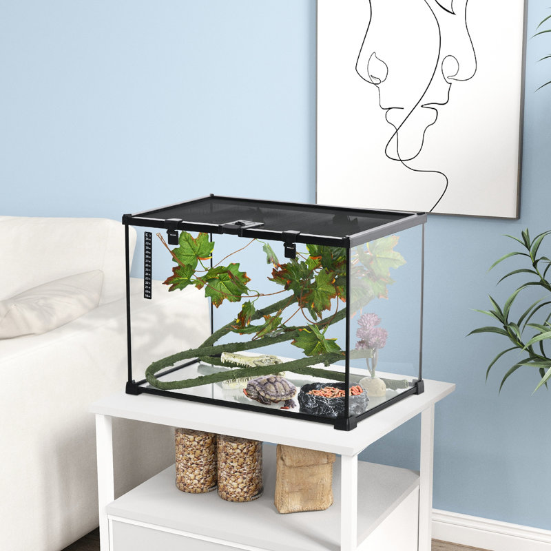 Enceinte en verre de reptile noir, 14 gallons avec couvercle coulissant pour l'alimentation, les lézards, les serpents, les grenouilles, les araignées terrarium - vue complète, ensemble de décoration, araignées sécuritaires,