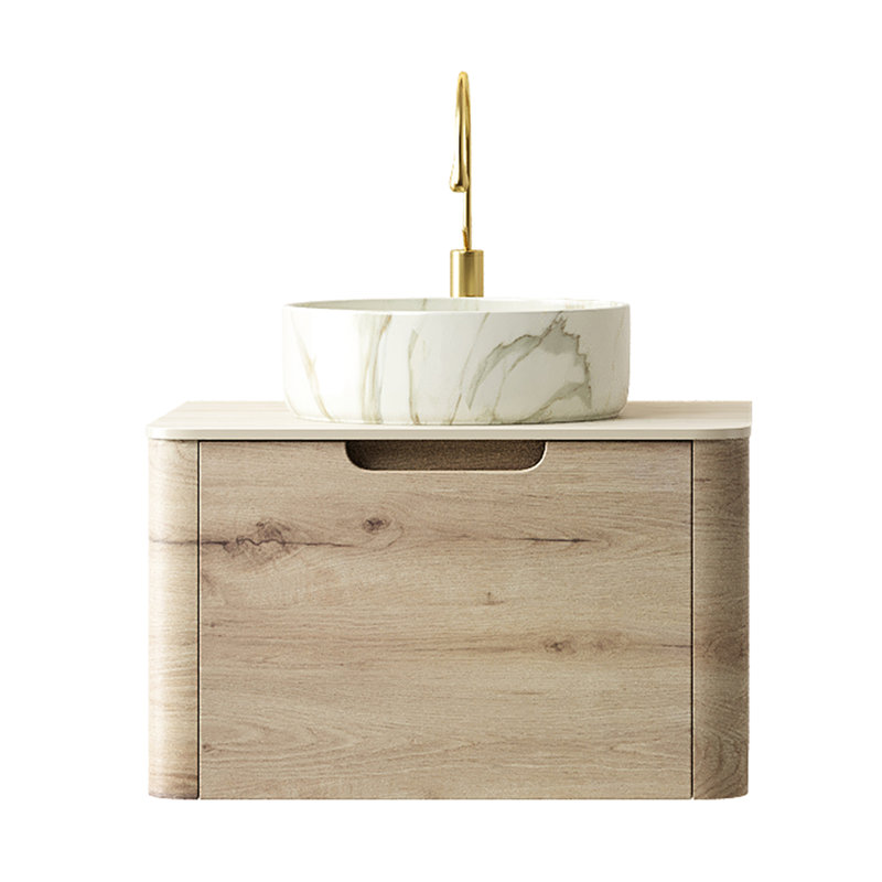 Meuble-lavabo flottant avec vasque en céramique blanche matte de haute qualité, comptoir en pierre frittée à motif, armoire de rangement en contreplaqué, tiroir à fermeture silencieuse silencieuse, couleur chêne, pré-assemblé pour plus de facilité
