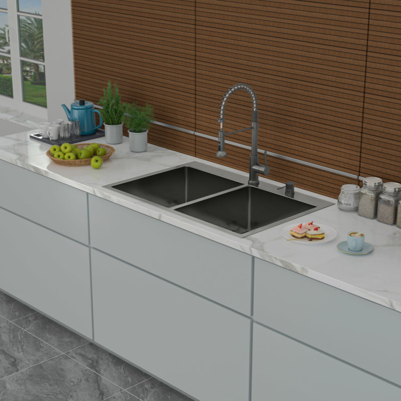 Évier de cuisine à double cuve à montage sur plan - Évier de cuisine à double cuve en acier inoxydable noir de calibre 16 avec 2 cuves profondes de 10 po x 22 po