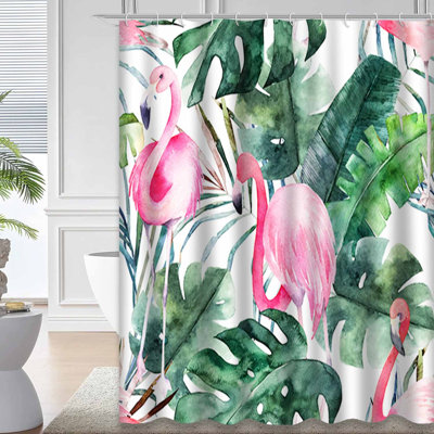 Tropical Seamless Flamingo Leaves Watercolor Summer Shower Curtain with 12 Hooks