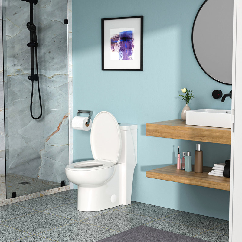 Toilette en céramique une pièce avec double chasse et système hygiénique - salle de bain blanche, espace intérieur spacieux et confortable