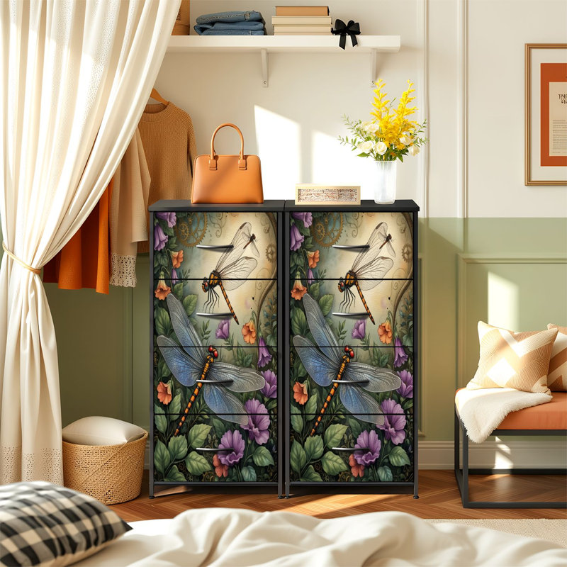 Commode pour chambre à coucher avec 4 tiroirs de rangement Dragonfly Floral Garden Steampunk Elements Commodes Commode en tissu avec cadre en acier pour vestibule