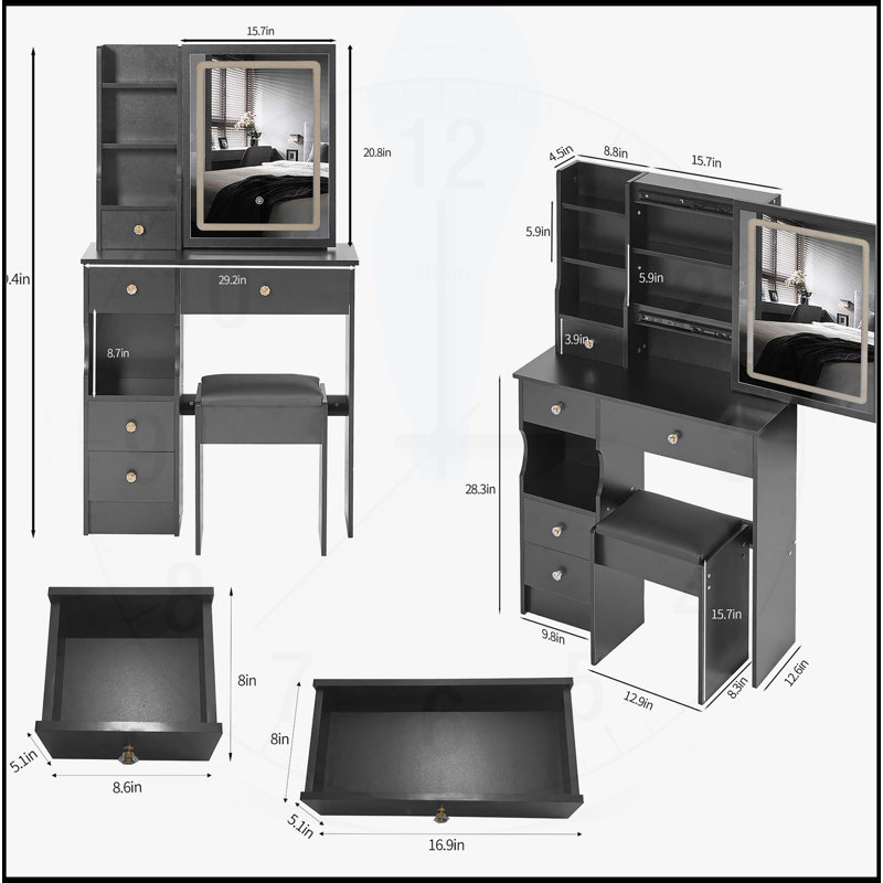 Compact Desktop Vanity Table with Advanced LED Mirror and Ample Storage, Black