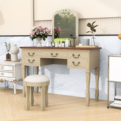 Coiffeuse vintage avec miroir incurvé, 5 tiroirs et tabouret rembourré en cuir
