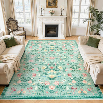 9x12 Floral Area Rug, Washable Non Slip Foldable Rug for Dining Room Office, Green