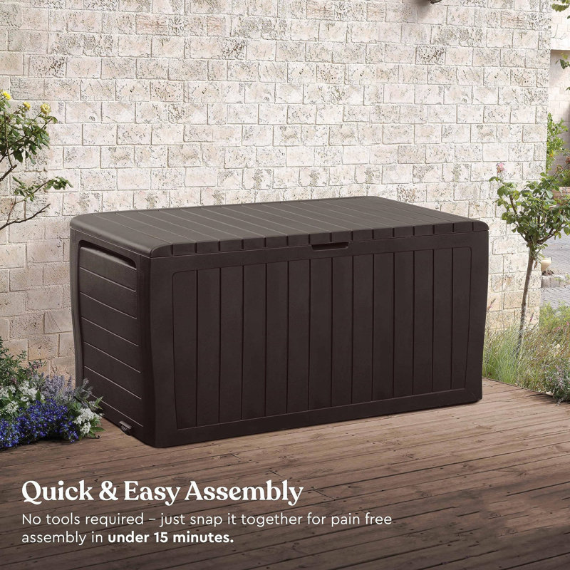 Brown Lockable Plastic Wicker Deck Box with Wheels, 71 Gal