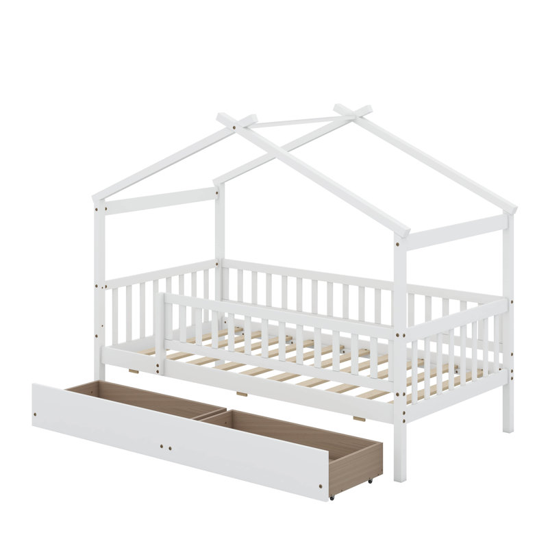 Lit simple en bois avec tiroirs, Blanc