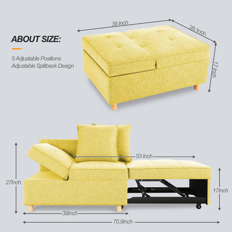 Acklen Upholstered 70.8'' Reclining Sleeper Sofa, Yellow