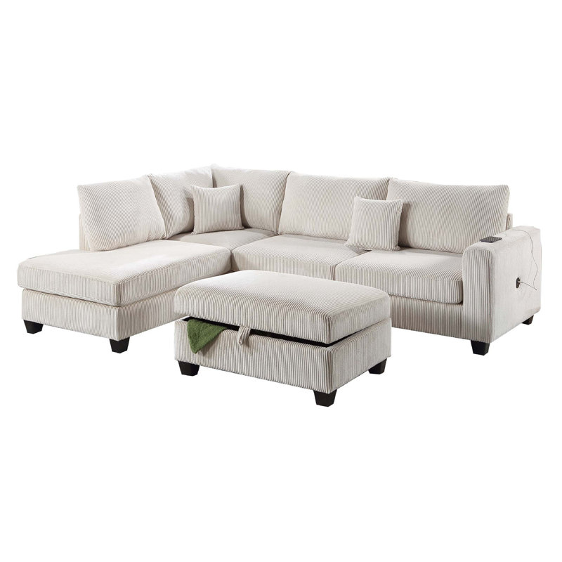 Roe 3Pc Sectional Sofa Set With Chaise, Ottoman, 2 Pillows, Ivory Corduroy