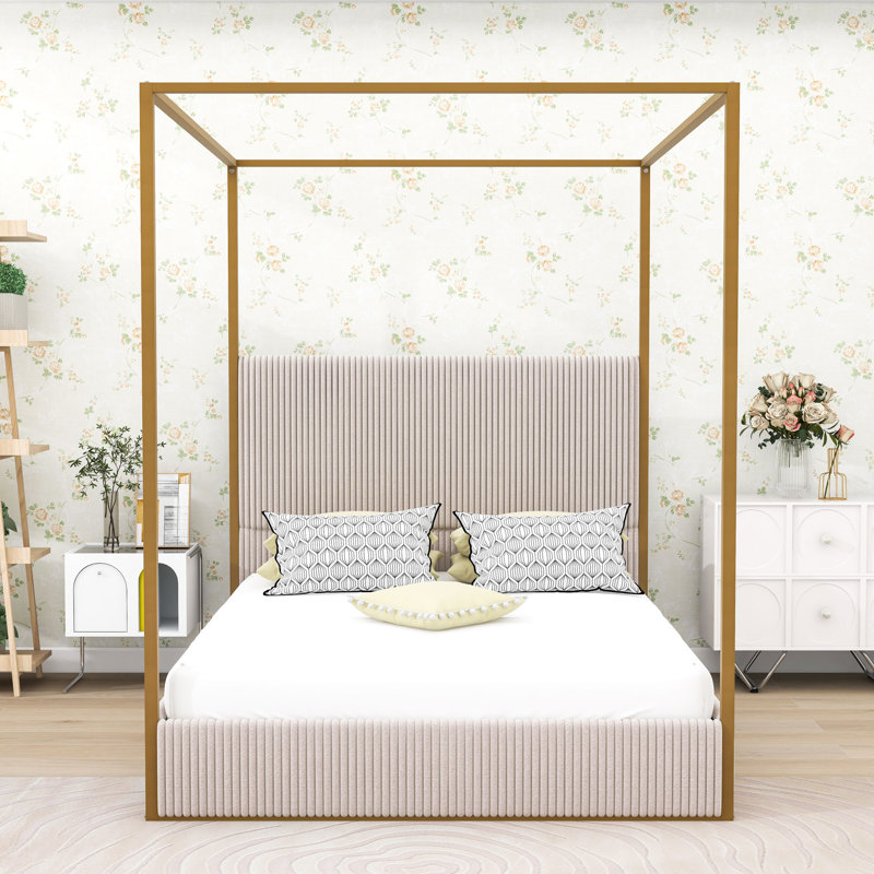 Lit à baldaquin en métal avec tête de lit tapissier et quatre affiches, Or/beige, Grand