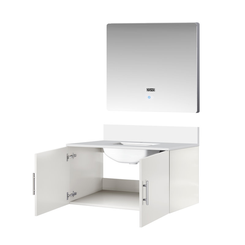 Ensemble de meuble-lavabo simple 24 po avec plateau et miroir Geneva, Gris foncé, Quartz blanc