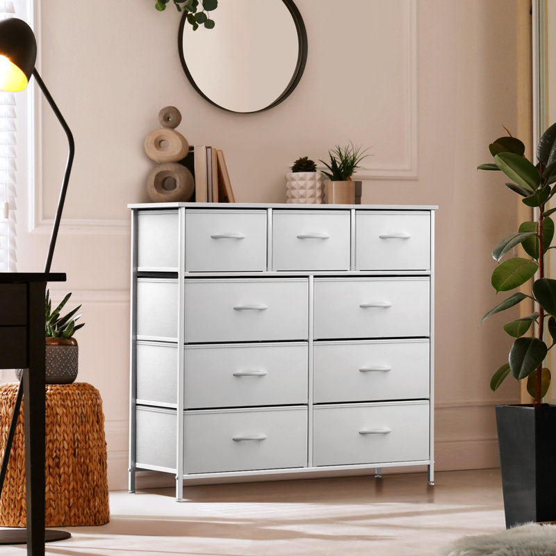  9 Drawers Dresser with Steel Frame and Wood Top in All White