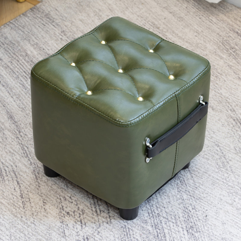Tabouret décoratif classique en cuir d'inspiration rétro avec poignées et pieds noirs élégants, Vert