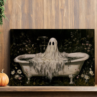 Spooky Gothic Ghost Bathtub Floral Garden Canvas Wall Art Graphic Print 40x28 Inch - Bathroom Decor
