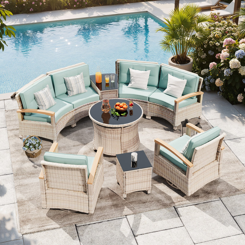 Ensemble de conversation 9 pièces pour patio, canapé modulaire courbé demi-lune en rotin avec 2 accoudoirs pivotants en bois, table basse ronde et table d'appoint