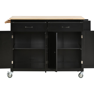 Kitchen Island Cart - Solid Wood Top, Black Finish, 4 Door Cabinet With Adjustable Shelves, 2 Drawers & Spice Rack Top In Black, Cabinet, Drawers, Towel Locking Wheels