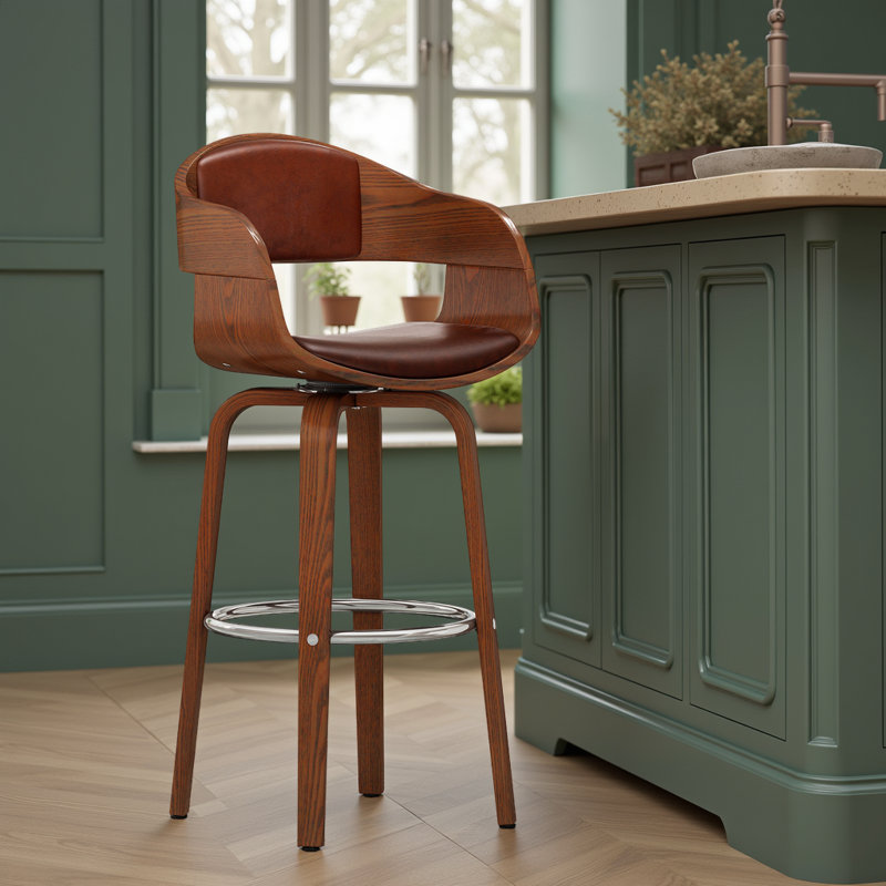 Mid-Century 30" Seat Height Swivel Bar Stool - Walnut Veneer & PU Leather, Chrome Footrest, Brown, Brown