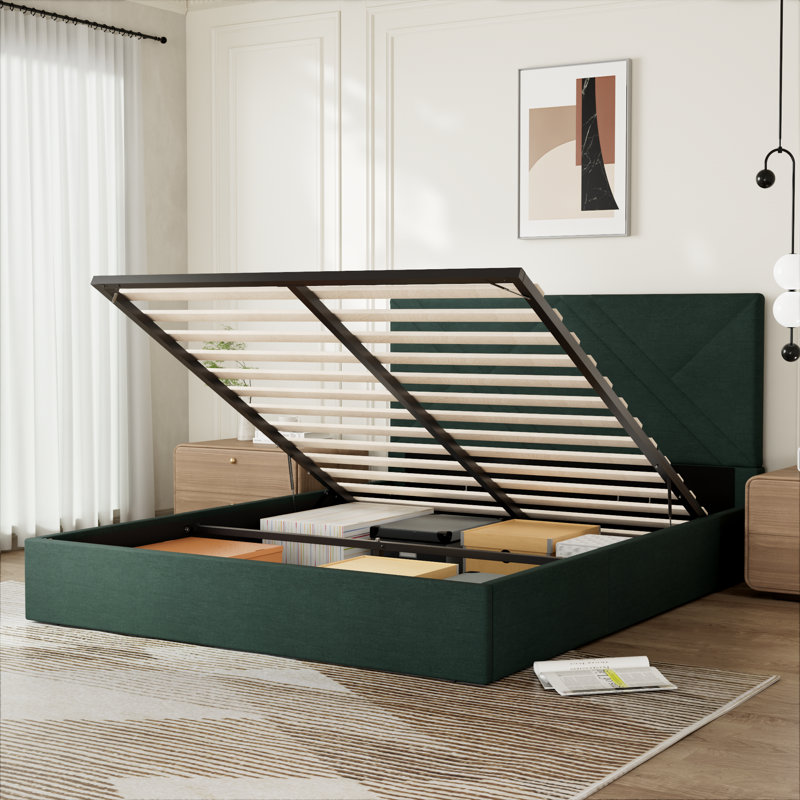 Lit plateforme tapissier avec rangement Gaillarde, Vert, Grand