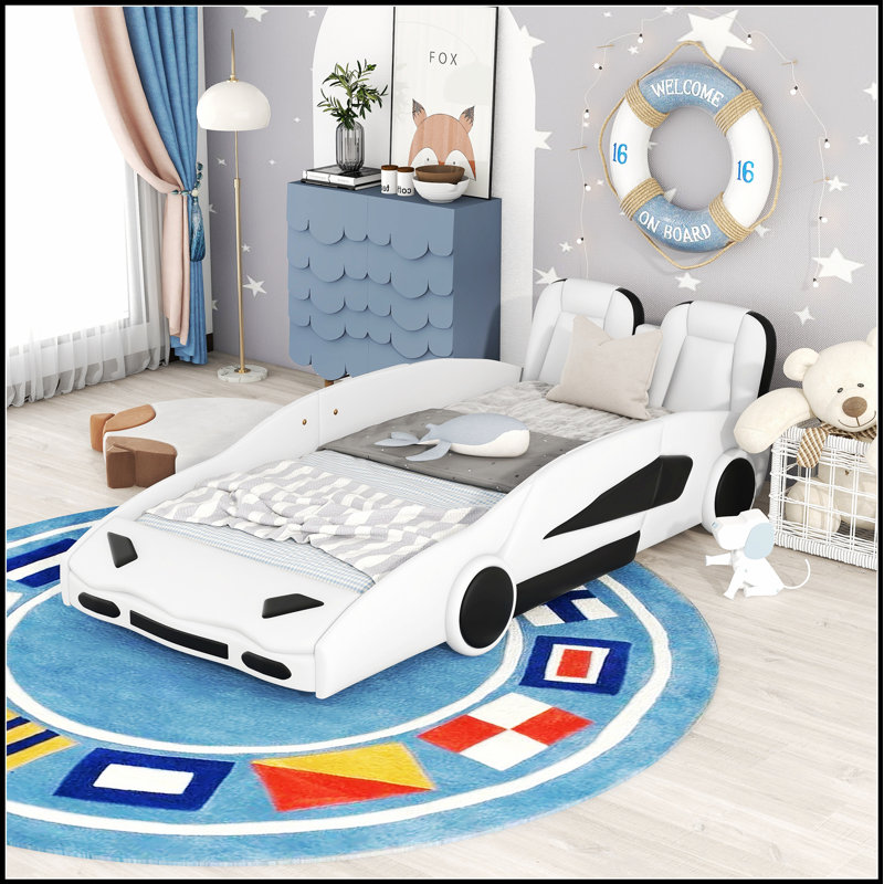 Race Car-Shaped Platform Bed with Wheels, Solid Guardrails, and Durable Construction for a Fun and Secure Sleep Experience