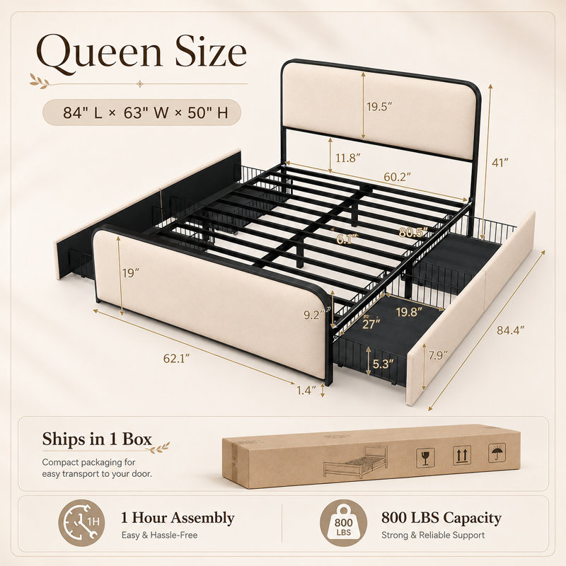 Henos Upholstered Standard Bed with Drawers, Queen, Beige&Black