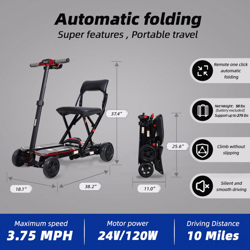 4-Wheel Remote Folding Mobility Scooter For Adults And Seniors, Super Lightweight And Compact Plus Nfc Electric Foldable Mobility Scooter With Suspenion Capacity.