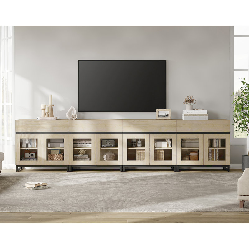 Modern TV Stand With Glass Doors For 120 Inch Tvs, 4 In 1 Entertainment Center Console With 4 Drawers And Metal Base For Living Room, Bedroom