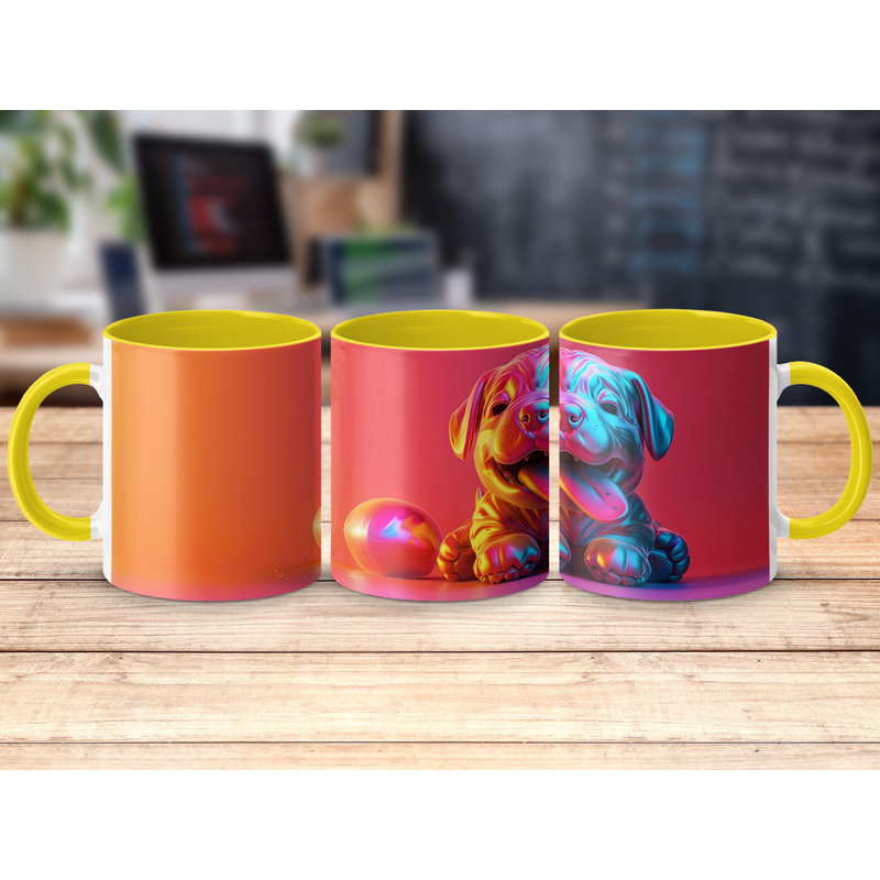 3D Design 11oz Accent Mugs – Ceramic Coffee Cup with a Yellow Handle and Interior