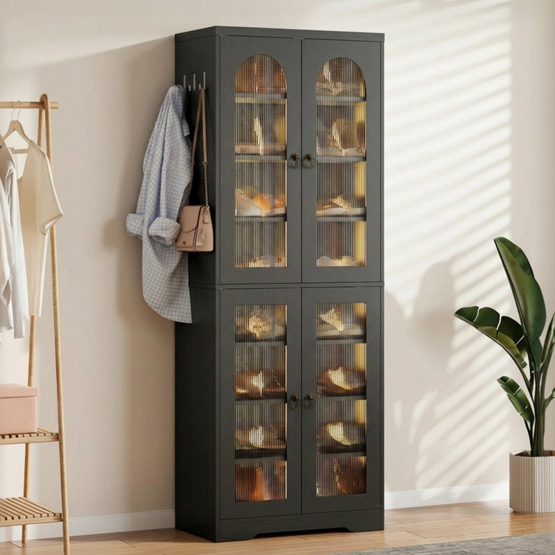 24 Pair Shoe Cabinet With LED Lights and Adjustable Shelves, 67.5" Tall Storage Cabinet for Entryway, Closet, Living Room