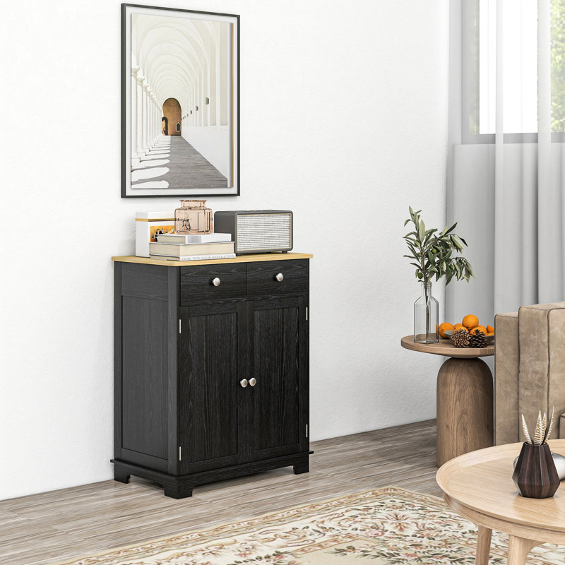 Buffet noir patiné avec portes - comptoir en bois massif, 2 tiroirs, tablette réglable pour le rangement de la cuisine, portes modernes, en couleur