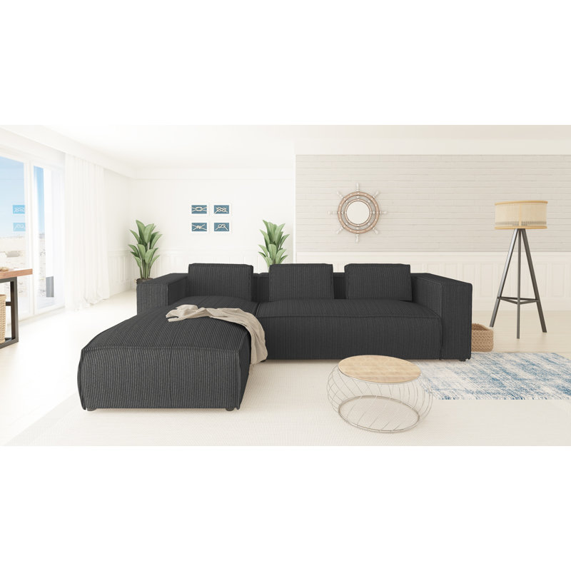 Modern L-Shape Corner Sofa  Made of Cord with Soft Seat, Left Hand Facing, Grey