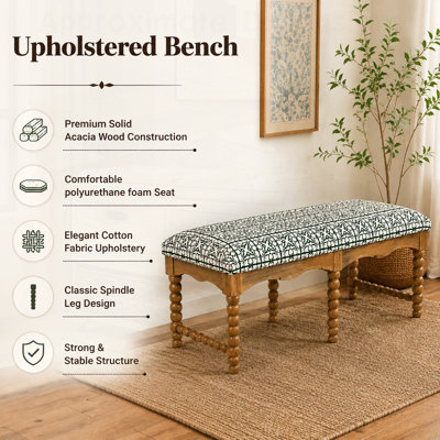 Banc rembourré en bois d'acacia massif avec siège rembourré en tissu de coton Cotswold