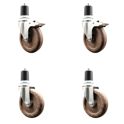 5 Inch 316SS High Temp Glass Filled Nylon 1-3/4 Inch Stem Caster Set 2 Lck Brake
