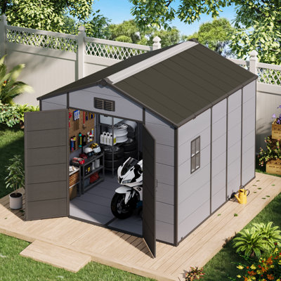 8X10 FT Outdoor Storage Shed, Weather-Resistant Shed With Lockable Double Doors & Built-In Floor, Sloped Roof Outdoor Shed For Backyard, Patio & Lawn, Gray