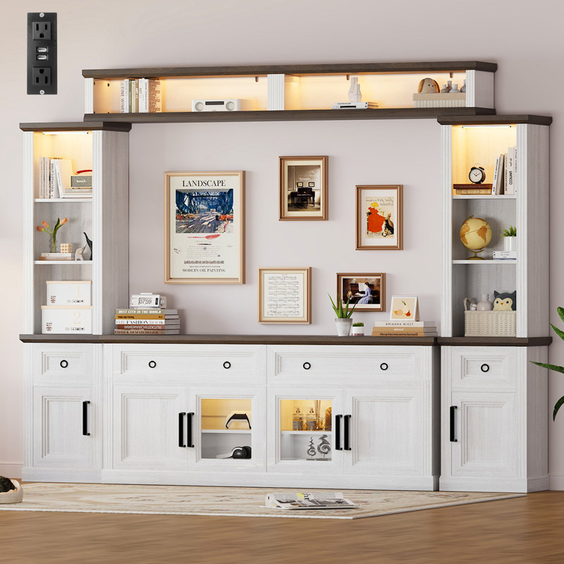 Farmhouse 4-piece Tv Stand With Bookshelves, Charging Station And Led Lights For Tvs Up To 75”, Studio Wall Unit Modern Entertainment Center With 4 Drawers And Storage Cabinets,tv Console Table Set For Living Room, Bedroom