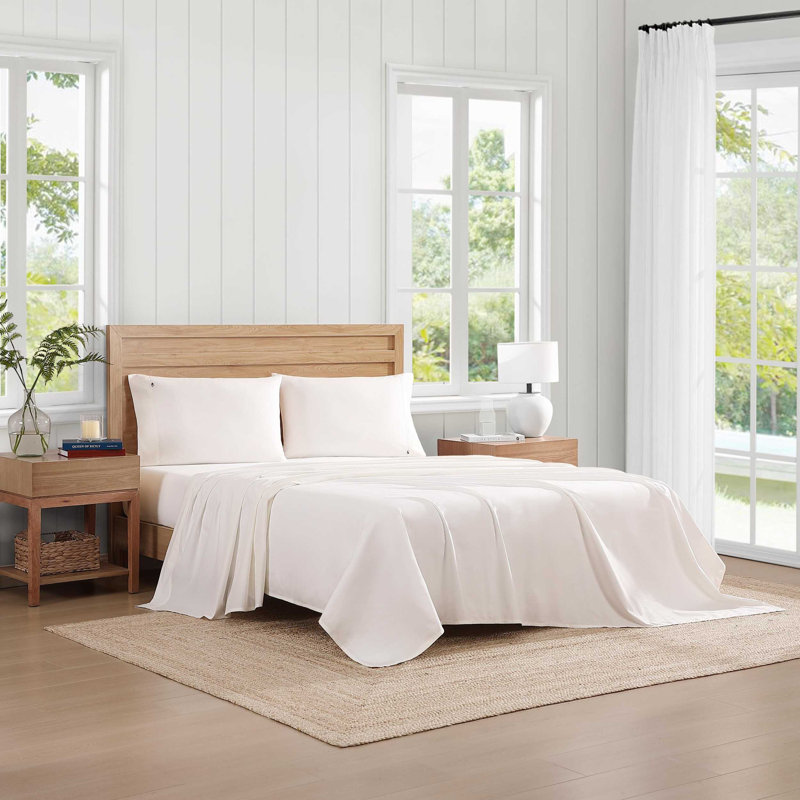 Ensemble de draps en percale de coton Tommy Hilfiger, Ivoire, Ensemble de draps pour lit simple très long avec 