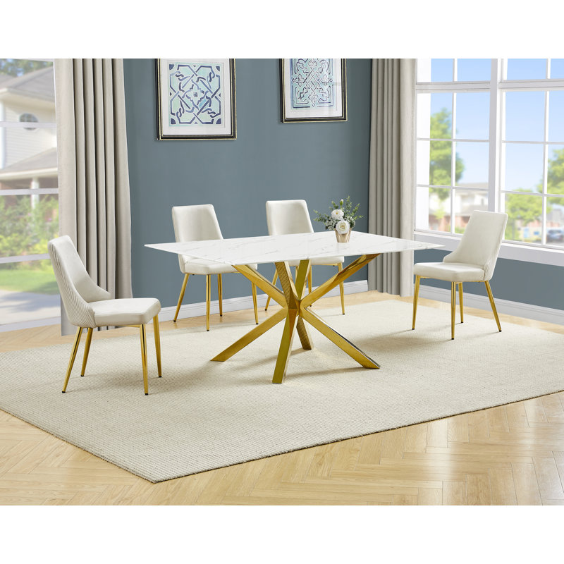 Ensemble de salle à manger en verre L 63 po x l 39 po avec motif en marbre blanc, Crème, 5