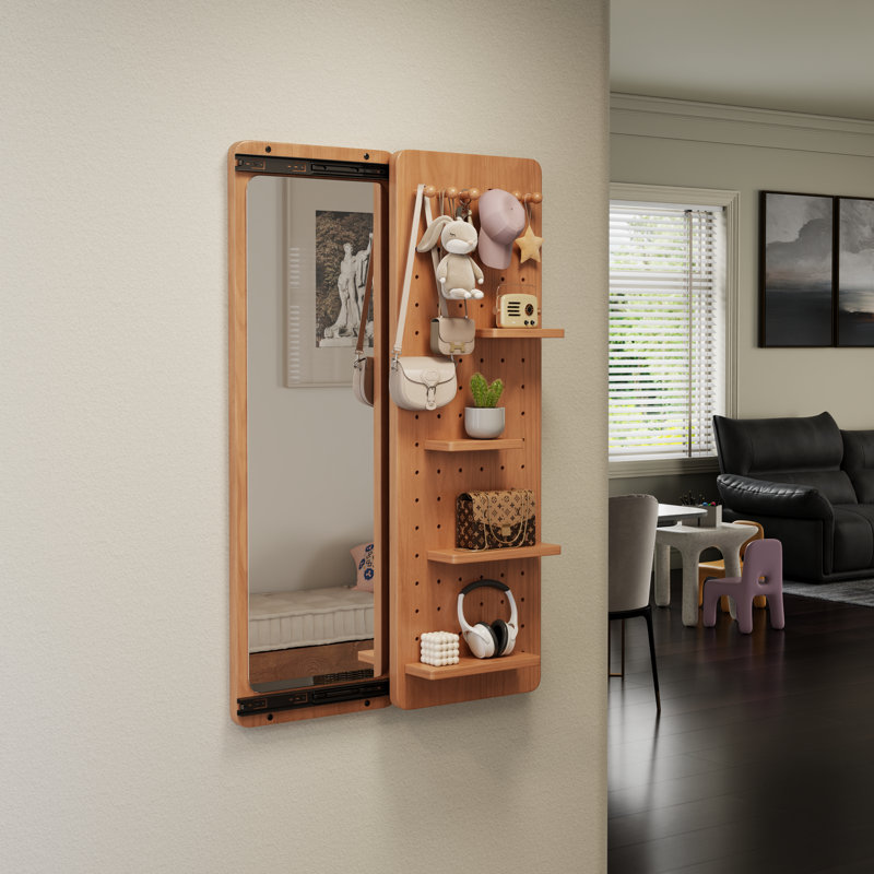 Miroir mural pleine longueur coulissant en bois massif avec panneau perforé, crochets et tablettes réglables, Bois rouge